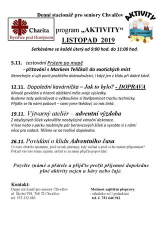 Denní stacionář pro seniory Chvalčov - listopad 2019